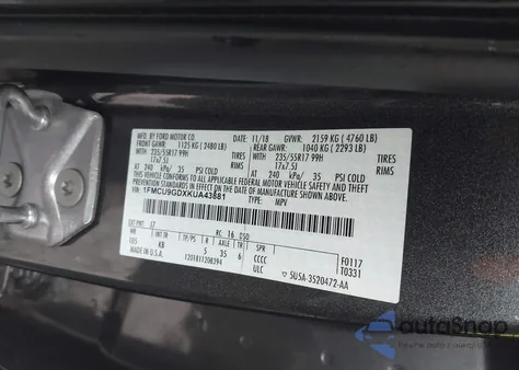 2019 Ford Escape Se z USA, uszkodzony, nr VIN 1FMCU9GDXKUA43881